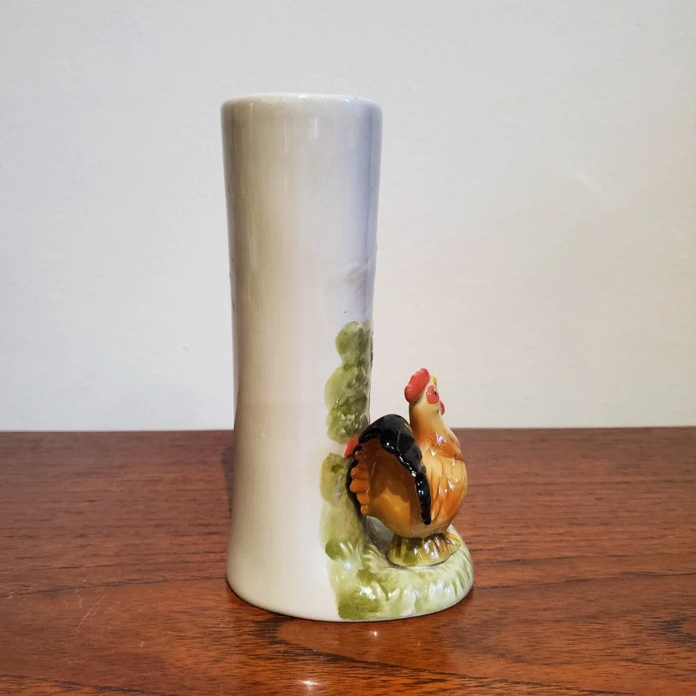 Vintage Otagiri Rooster Chicken Bud Vase Embossed‎ Farm Scene Otagiri Japan